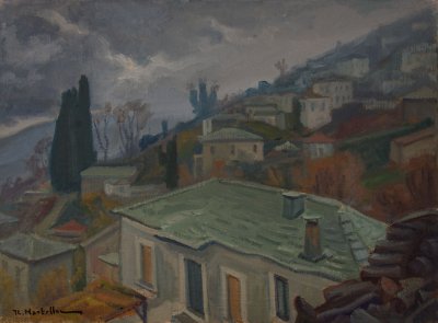 Zagora Hazy Evening, Roof No Longer Visible — Oil painting, Canvas, 54.00×73.00cm — Theodoros Markellos